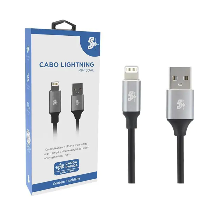 CABO USB X LIGHTNING 1.2M PRETO 5+ MP-100AL - Imagem: 3