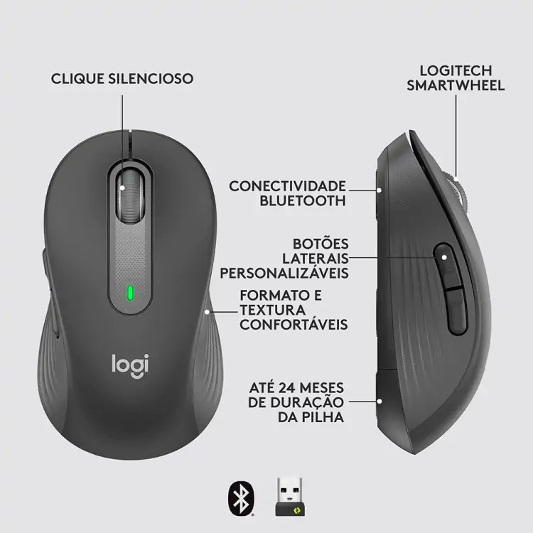 MOUSE SEM FIO LOGITECH M650 SIGNATURE PRETO USB BLUETOOTH - Imagem: 2