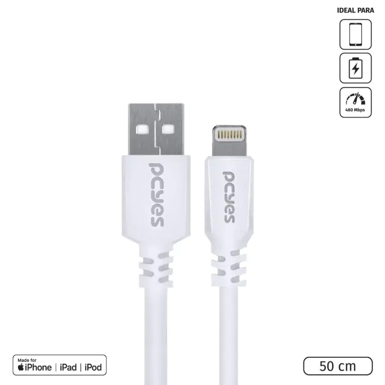 CABO USBA 2.0 X LIGHTNING IPHONE 50CM BRANCO PCYES PUALB-05 - Imagem: 1