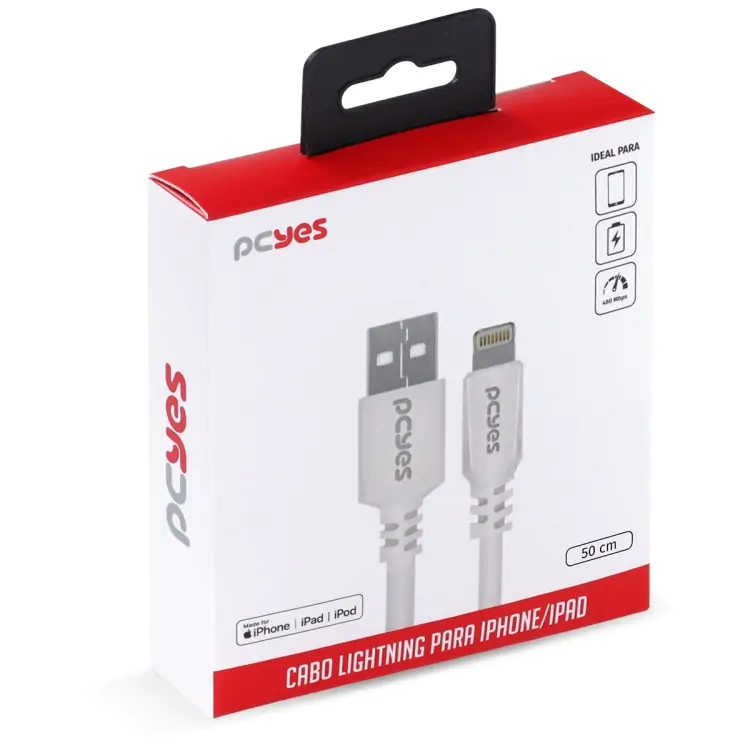 CABO USBA 2.0 X LIGHTNING IPHONE 50CM BRANCO PCYES PUALB-05 - Imagem: 2
