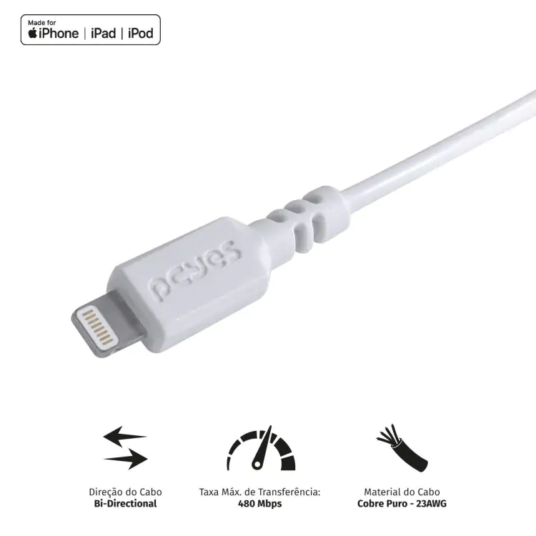 CABO USBA 2.0 X LIGHTNING IPHONE 50CM BRANCO PCYES PUALB-05 - Imagem: 4