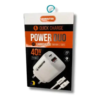 FONTE CARREGADOR 40W TURBO 2 SAIDAS TYPE C E USB/ COM TYPE C E TYPE C KIMASTER T110CC