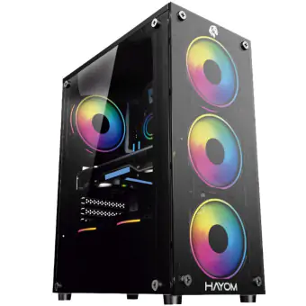 GABINETE GAMER HAYOM GB1749 MID TOWER, VIDRO TEMPERADO, ATX, SEM FONTE, COM 4 FANS, PRETO
